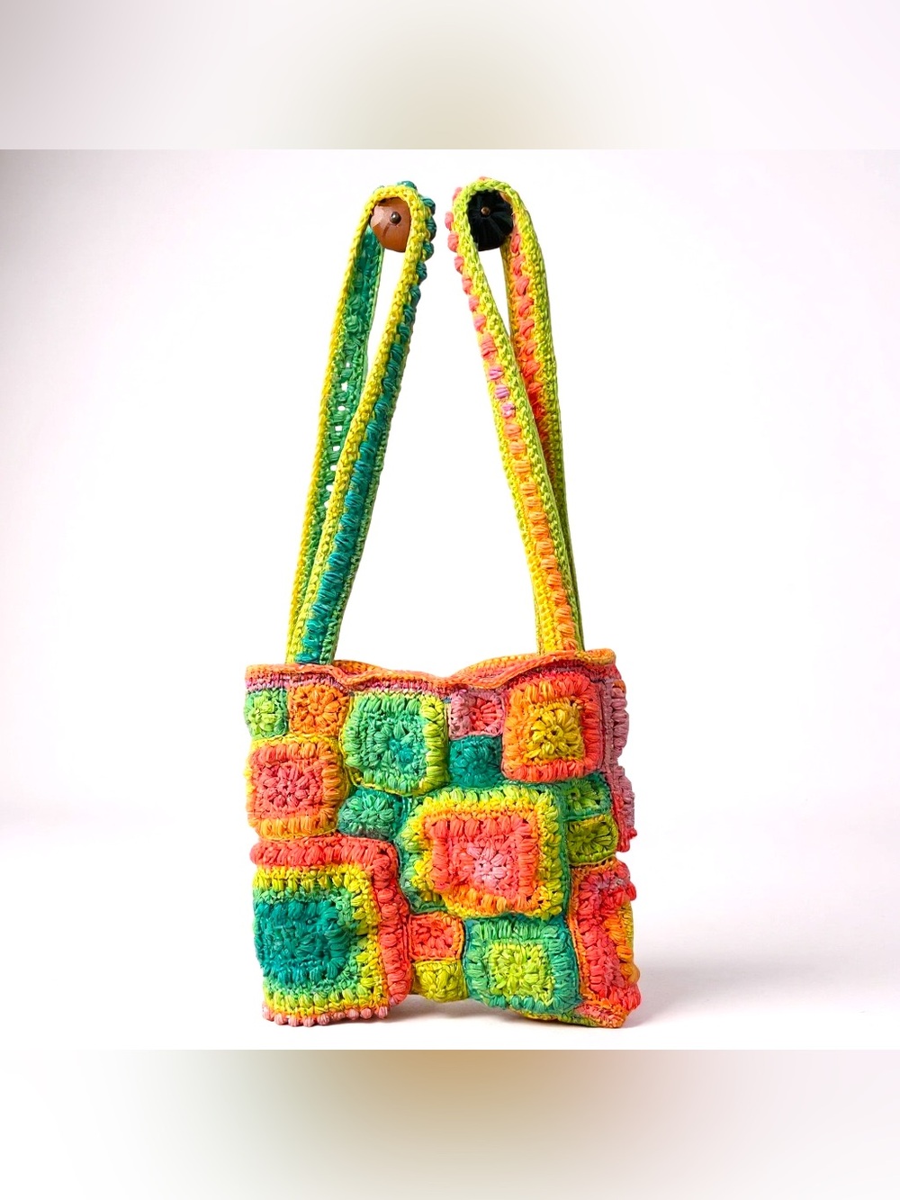 Handmade Crochet Rainbow Patchwork Shoulder Tote Bag Pastel Fully Lined